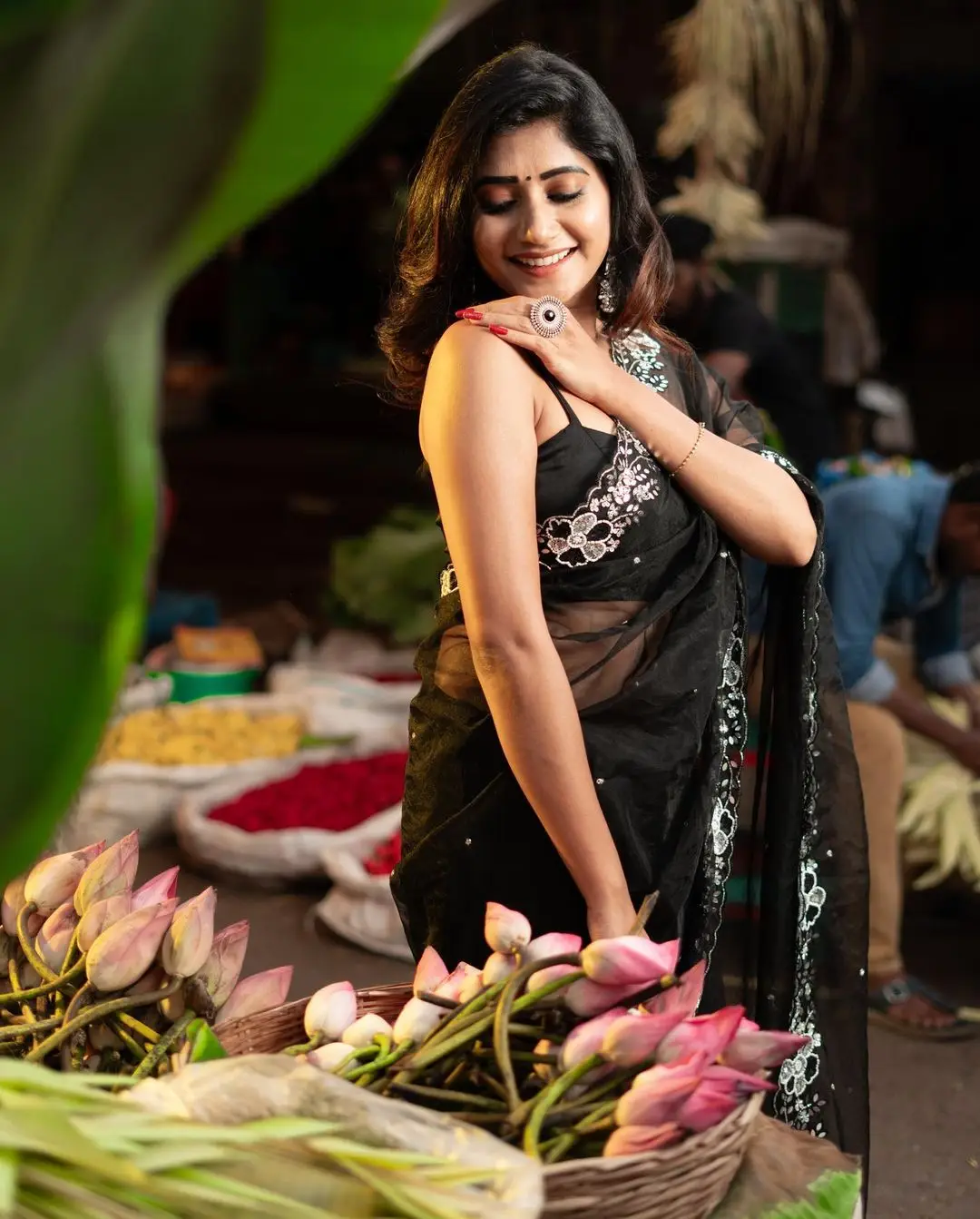 Vasanthi Krishnan Wearing Black Saree Sleeveless Blouse